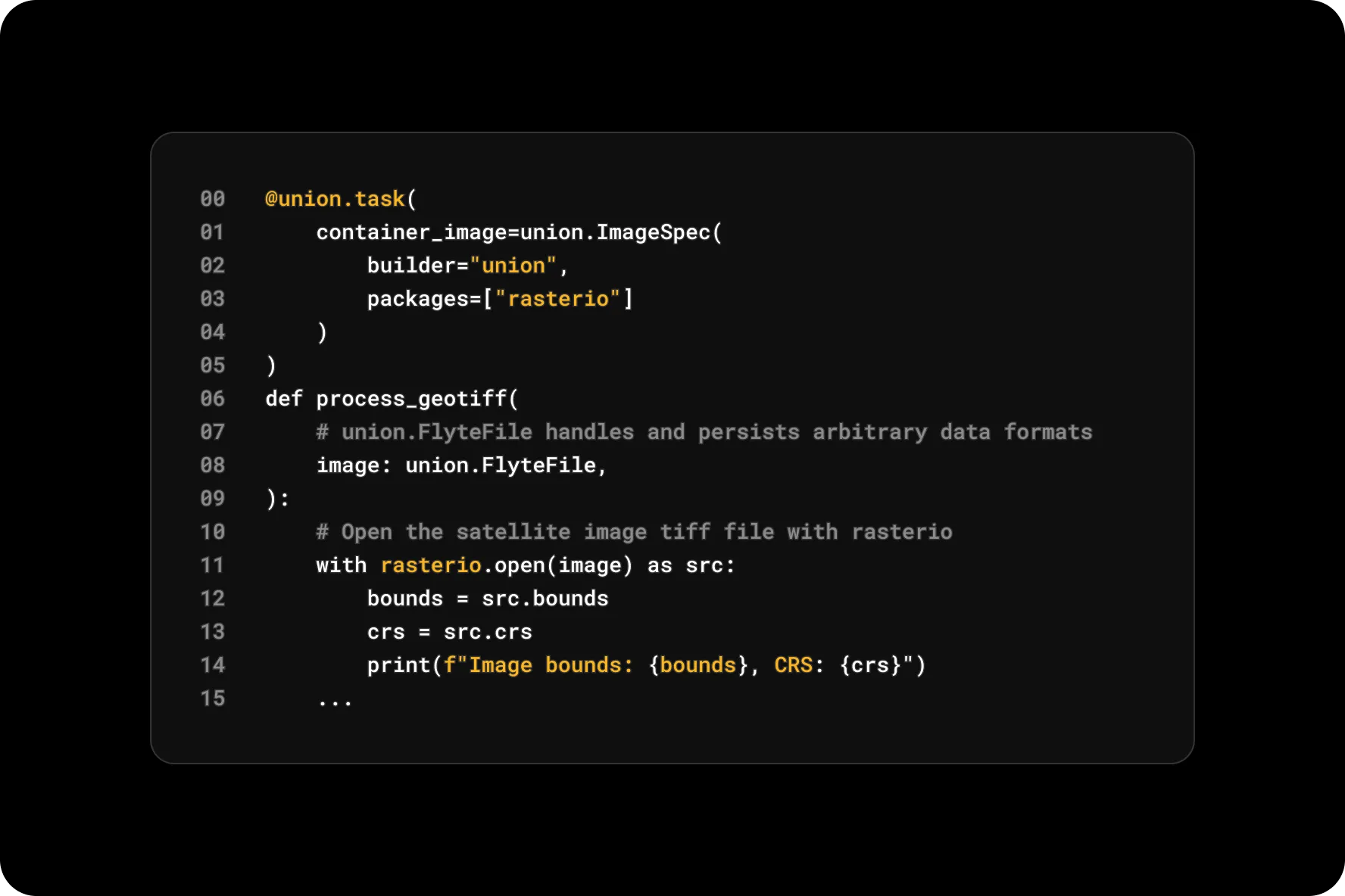 Code snippet defining a Python function using union.task decorator to process a GeoTIFF image with rasterio, printing image bounds and CRS.