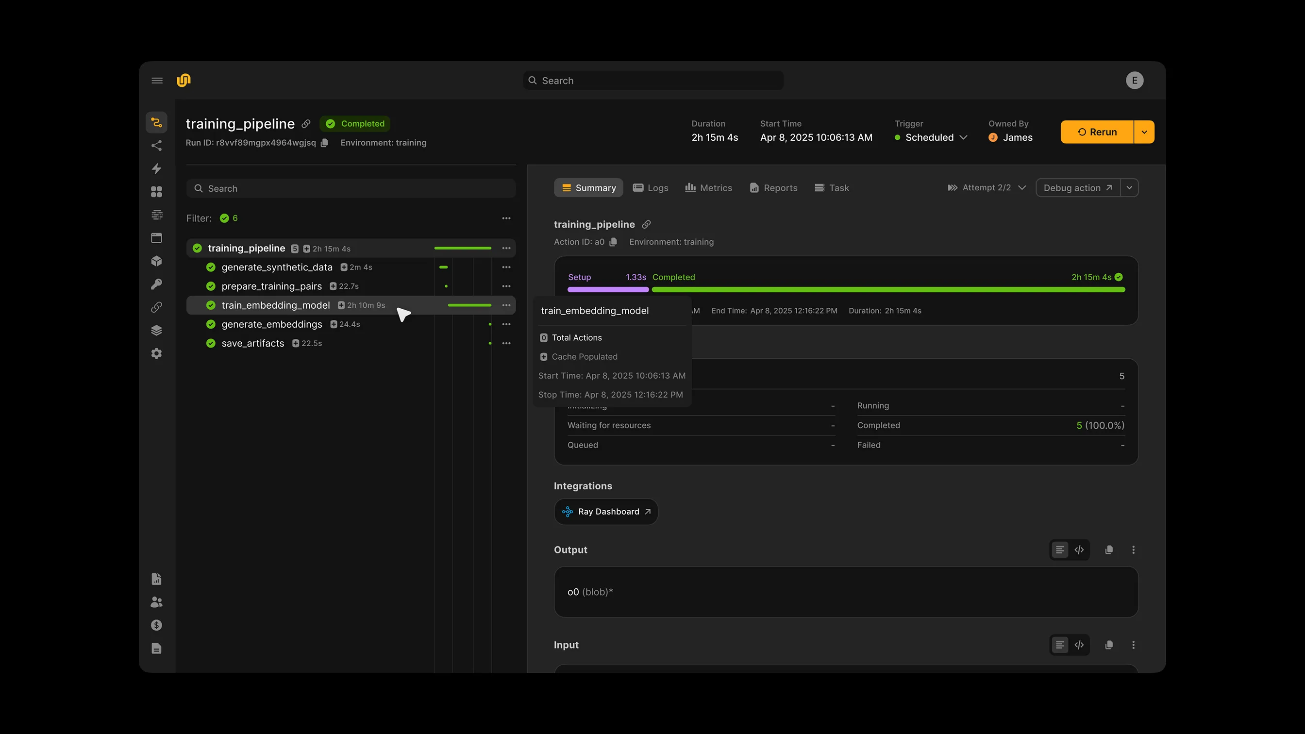 Dashboard interface showing completed training pipeline with tasks like generate synthetic data and train embedding model with durations and status indicators.