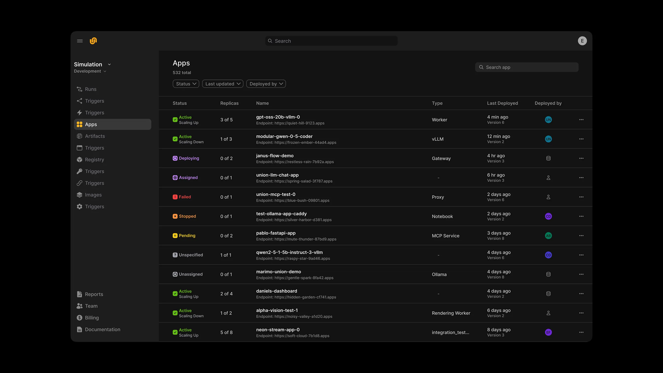 Dark-themed app management dashboard displaying a list of 12 apps with their status, replicas, names, types, last deployed times, and deployed by icons.