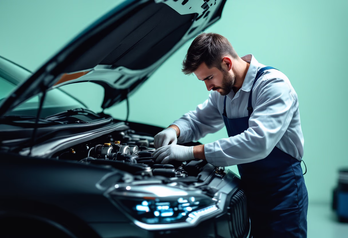Mechanic in white shirt and blue overalls repairing a car engine with the hood open.