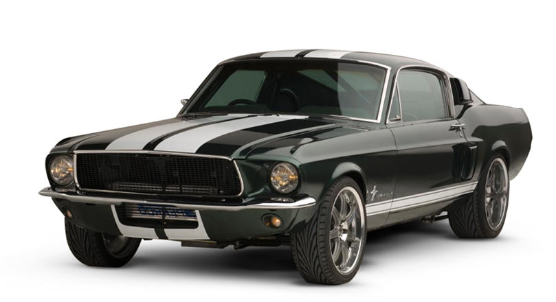 Dark green classic Ford Mustang car with white racing stripes from the 1960s.