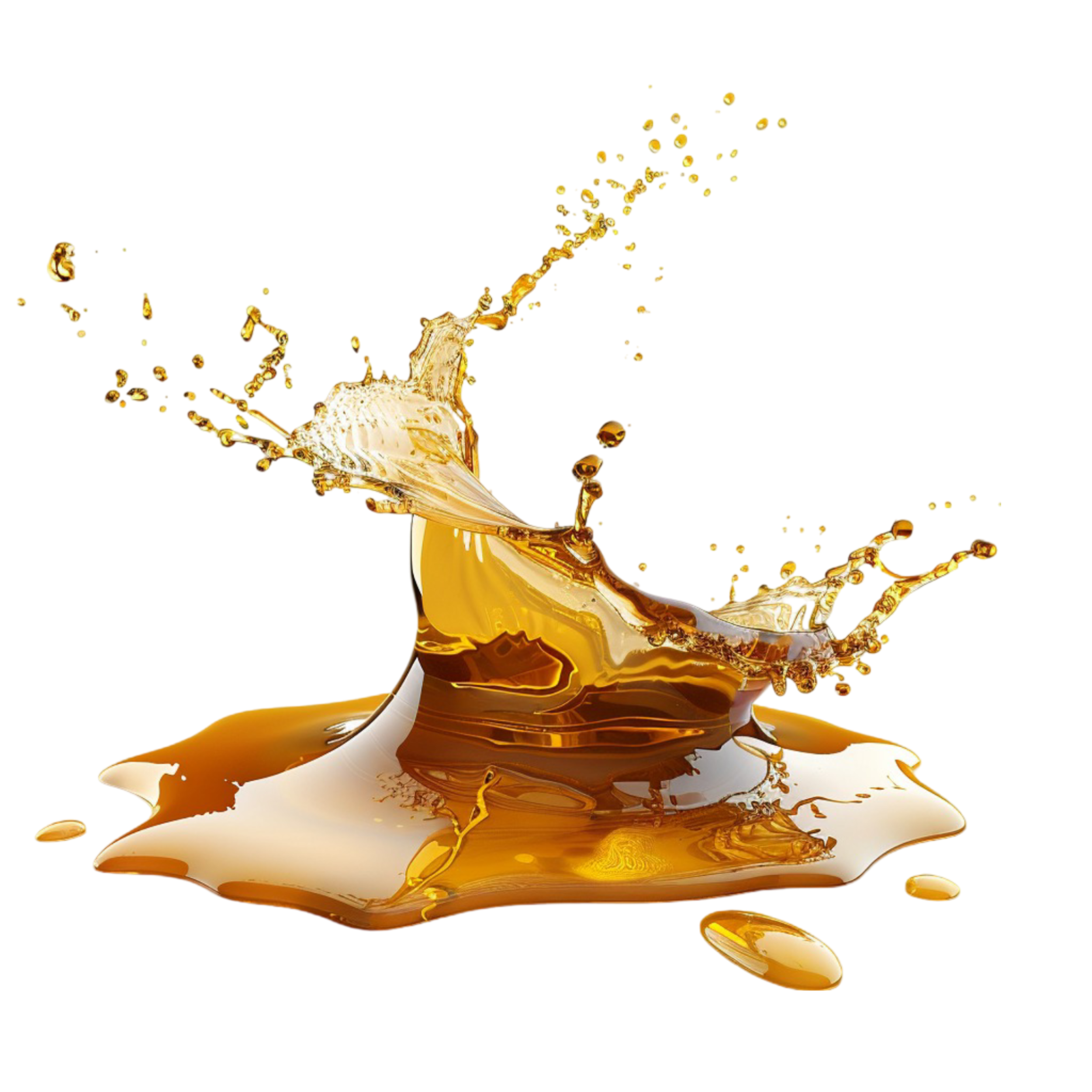Splashing golden liquid resembling oil or syrup with droplets scattering around.