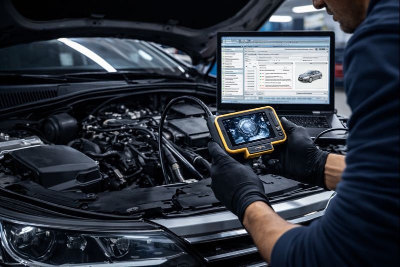 Mechanic wearing black gloves using a diagnostic device on a car engine with a laptop displaying car diagnostic software.