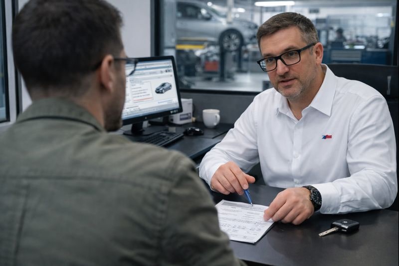 Mechanic wearing black gloves holding a diagnostic camera showing a close-up of a car engine part, with a laptop displaying vehicle diagnostics in the background.