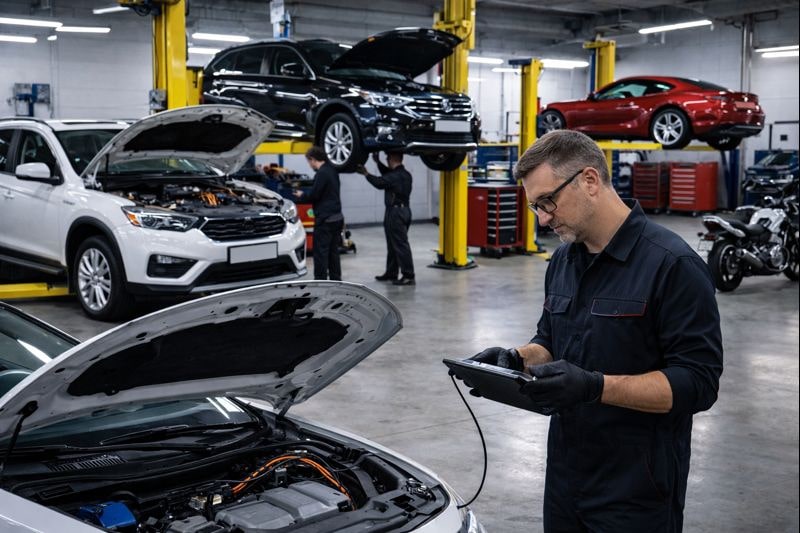 Man in white shirt explaining documents to another man at a desk in an automotive workshop.