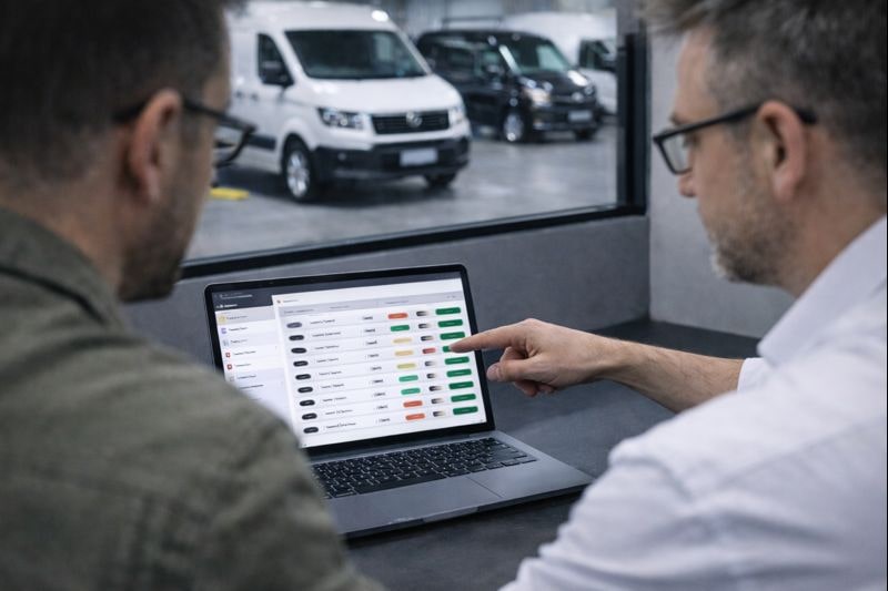 Two men looking at and discussing data displayed on a laptop screen in a parking garage with vans visible outside the window.