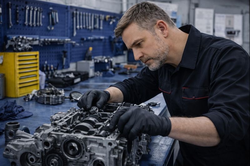 Mechanic wearing black gloves assembling or repairing a car engine in a workshop.
