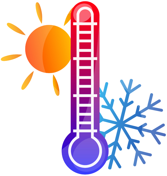 Thermometer with red heat indicator, orange sun on left, and blue snowflake on right symbolizing temperature extremes.