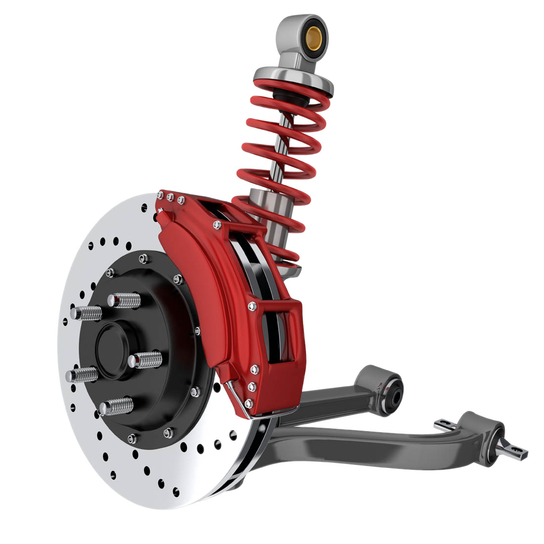 Close-up of a car suspension system showing a red coil spring, shock absorber, brake caliper, and perforated brake disc.