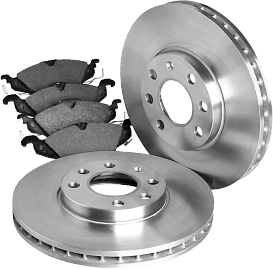 Two silver ventilated brake discs with a set of four black brake pads.