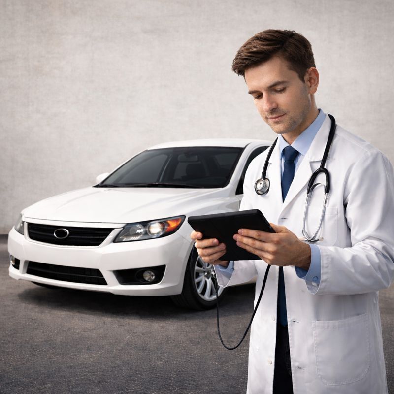 Male doctor in white coat with stethoscope using tablet, standing beside a white car.