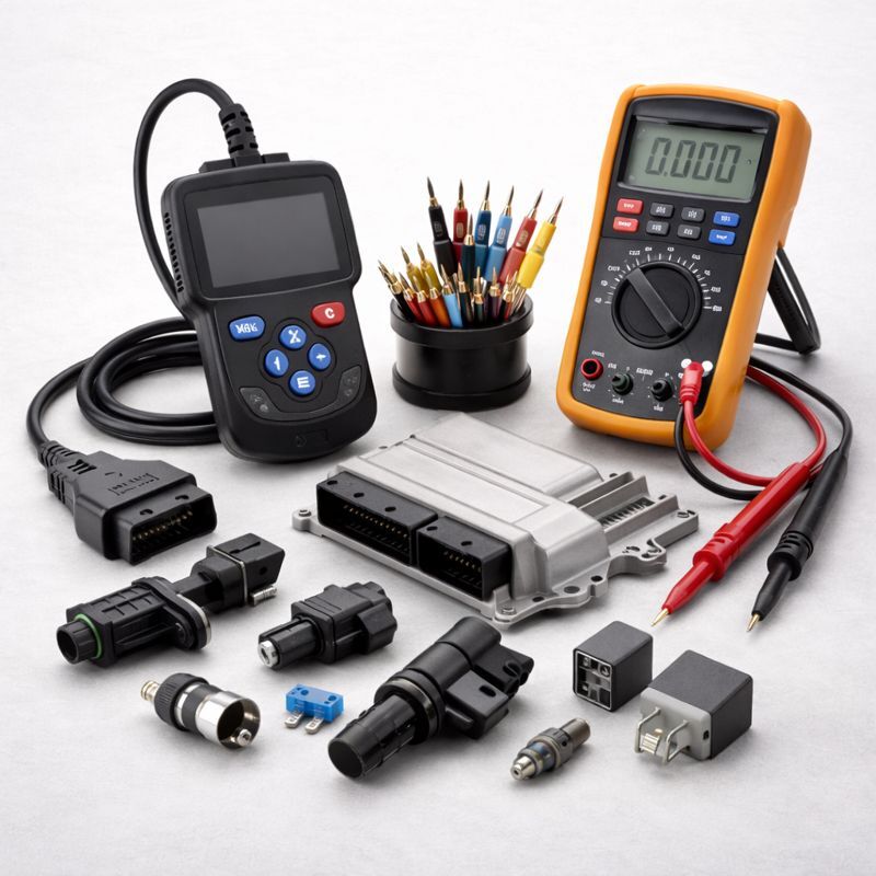 Electronic diagnostic tools and components including a digital multimeter, diagnostic scanner, colored test probes, connectors, and control modules arranged on a light surface.