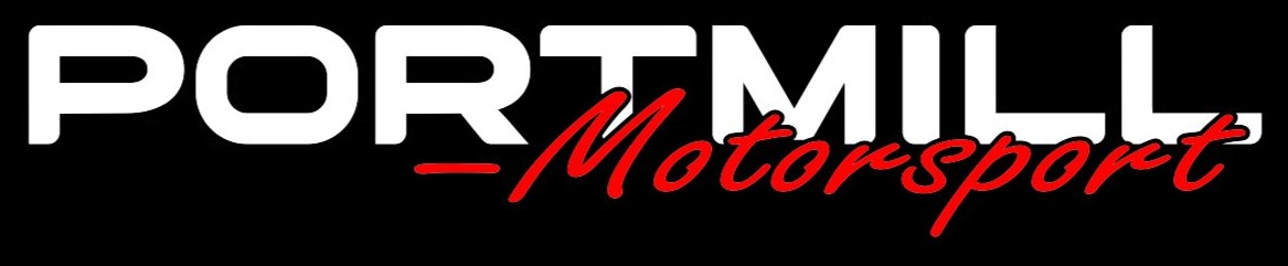PORTMILL Motorsport logo with PORTMILL in bold white uppercase letters and Motorsport in red cursive script on a black background.