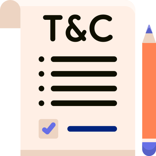 Illustration of a terms and conditions document with bullet points and a checked checkbox next to a pencil.