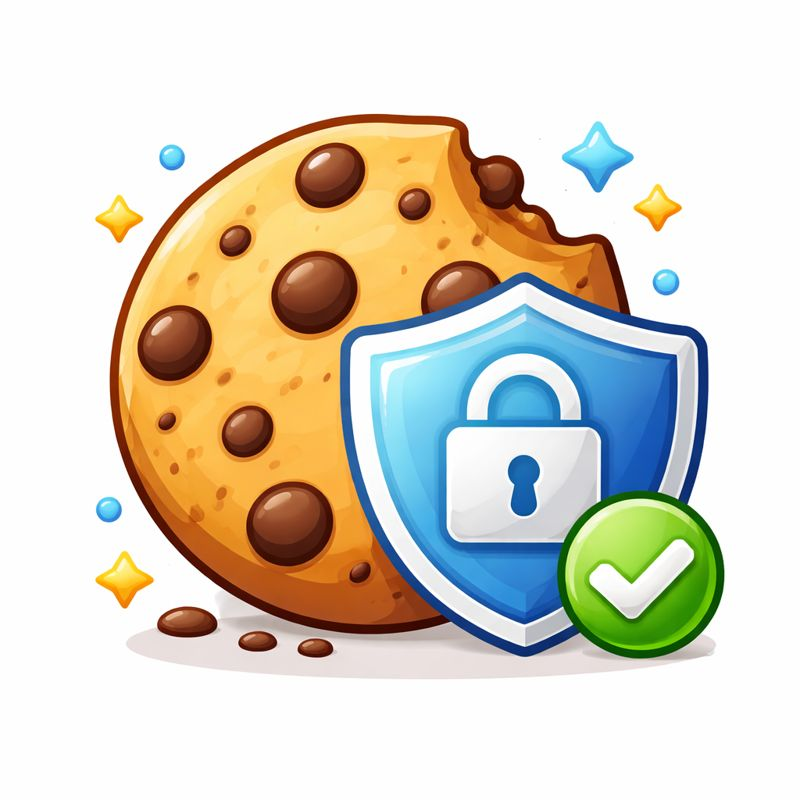 Chocolate chip cookie with a shield featuring a padlock and a green checkmark symbolizing secure cookie data.