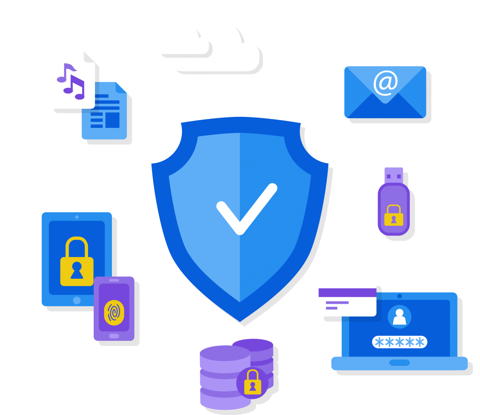Central shield with check mark surrounded by secure icons including locked tablet, smartphone fingerprint, locked USB, encrypted database, credit card, email, cloud, and document symbols connected by a network.