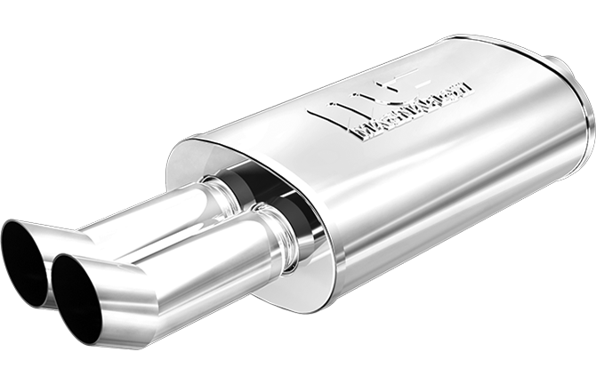 Polished stainless steel dual-exit car exhaust muffler with the MagnaFlow logo embossed on its top surface.