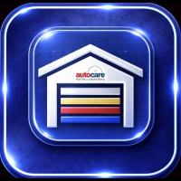 Blue icon of a house with a closed garage door featuring horizontal panels and a chimney.