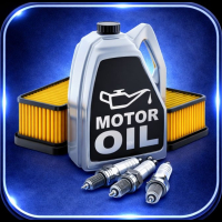 Container of motor oil with an oil filter and three spark plugs on a blue background.