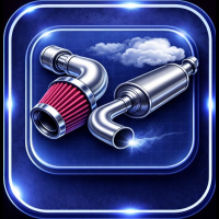 Illustration of a car intake air filter and an exhaust system pipe with muffler against a blue glowing background.