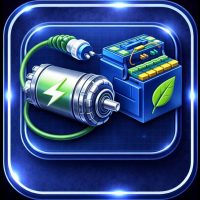 Illustration of an electric motor connected by a green wire to a blue car battery with a leaf symbol.