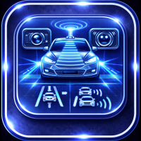 Blue glowing icon depicting a car with radar sensors illustrating advanced driver-assistance system features.