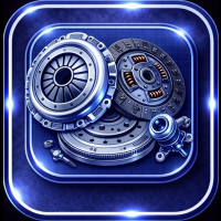 Illustration of a metallic clutch assembly with multiple circular components and gear details on a glowing blue square background.
