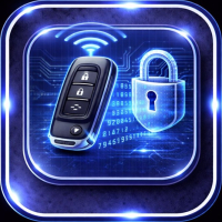 Car key fob with a digital lock icon and wireless signal symbols on a blue circuit board background.