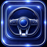 Modern car steering wheel with control buttons on a glowing blue digital background.