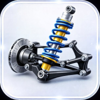 Close-up of a car suspension system with a blue coil spring and black control arms.