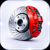 Close-up of a silver ventilated brake disc with a red brake caliper.