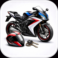 Sport motorcycle with a matching black, red, and white helmet and a set of keys placed in front.