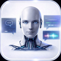 Futuristic humanoid robot with digital chat and voice wave interfaces surrounding its head.