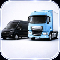 Black cargo van parked next to a blue semi-truck cab on a white background.