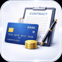 Blue bank card, gold coins, a pen, and a clipboard holding a contract document.