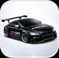 Black sports car with Portmill Motorsport and autocare branding on a white background.