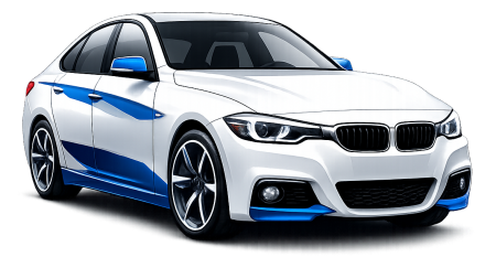 White modern sedan with blue accents viewed from the front left side.