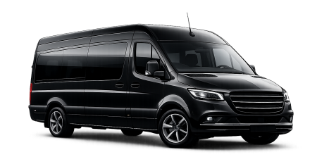 Black modern passenger van with tinted windows and sleek design, viewed from front-right angle.