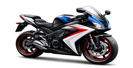 Sport motorcycle with a blue, white, red, and black color scheme displayed on a black background.