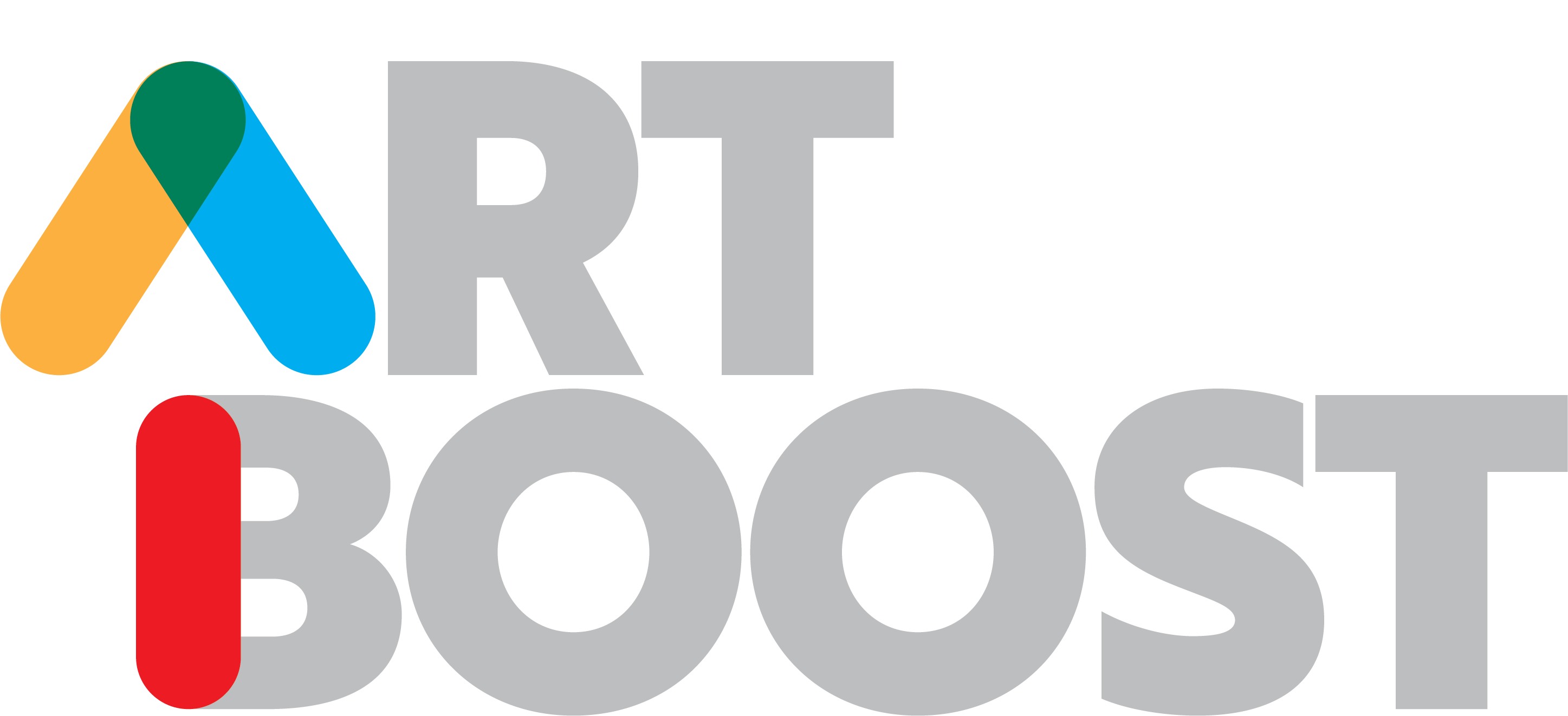 Logo displaying the text 'ART BOOST' in bold gray letters, with a stylized triangular design above the 'A' composed of orange, green, and blue segments, and a red vertical bar integrated into the 'B'.