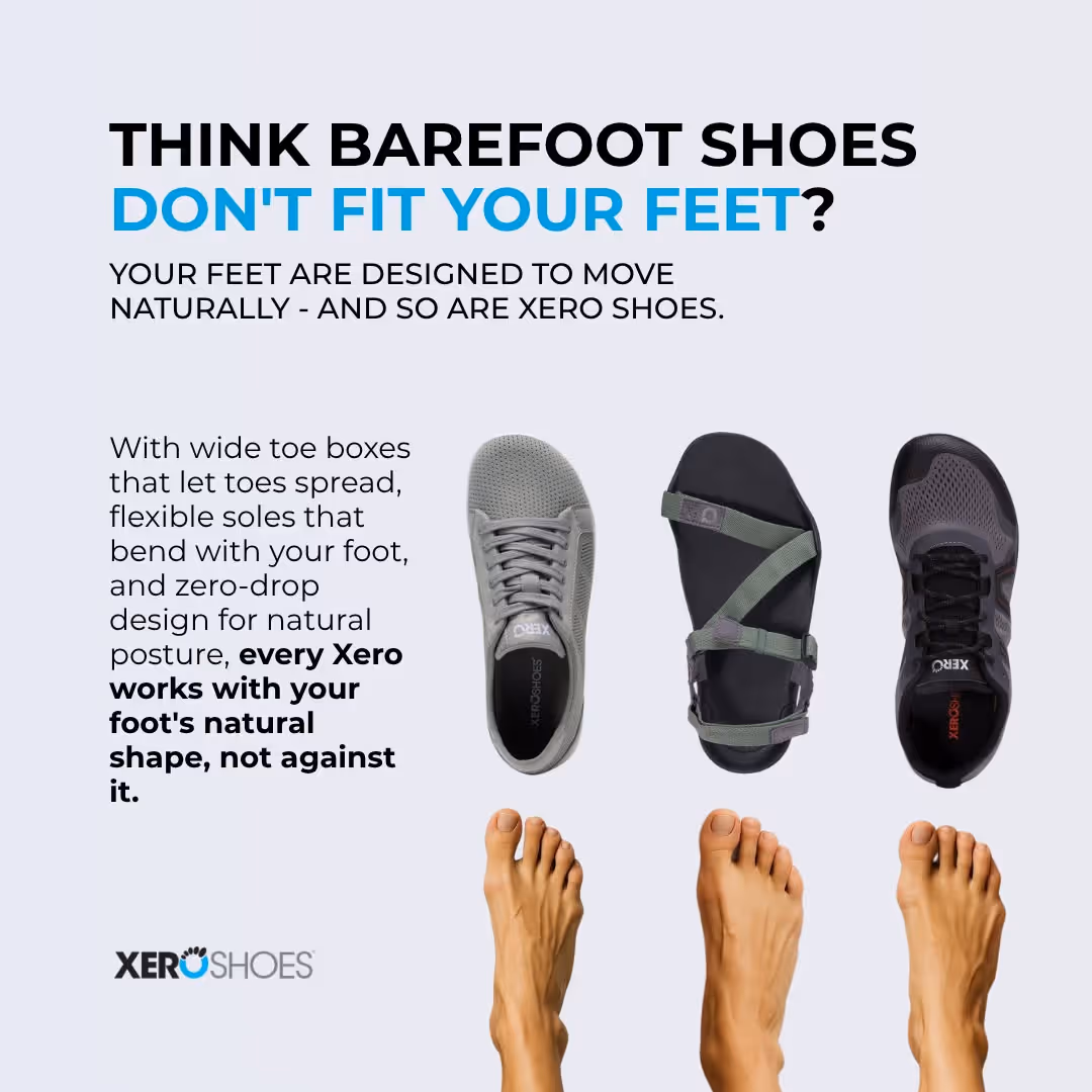 Top view of three different Xero Shoes styles above three matching foot shapes, illustrating wide toe boxes and natural foot fit.