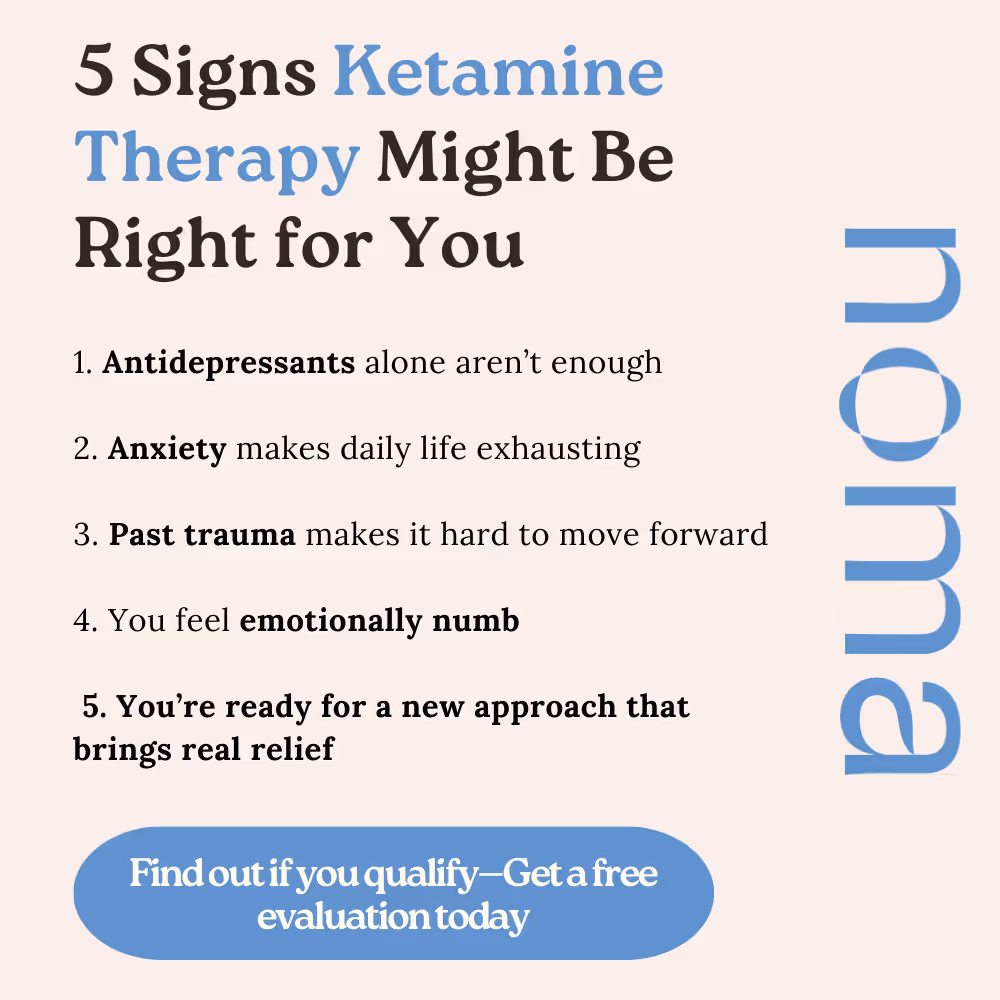 Text listing 5 signs ketamine therapy might be right for you, including antidepressants alone aren’t enough, anxiety exhausting life, past trauma, feeling emotionally numb, and readiness for a new approach with a call to action to get a free evaluation.