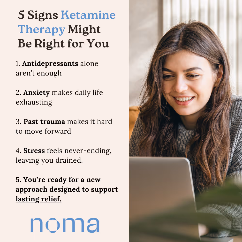 List of 5 signs ketamine therapy might be right, including antidepressants alone aren't enough, anxiety, past trauma, stress, and readiness for new approach, alongside a smiling woman using a laptop.