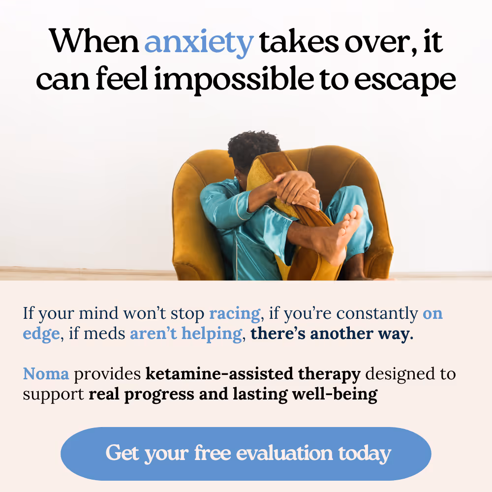 Person curled up hugging a pillow in a chair below text about anxiety and ketamine-assisted therapy offering real progress and well-being with a prompt to get a free evaluation.