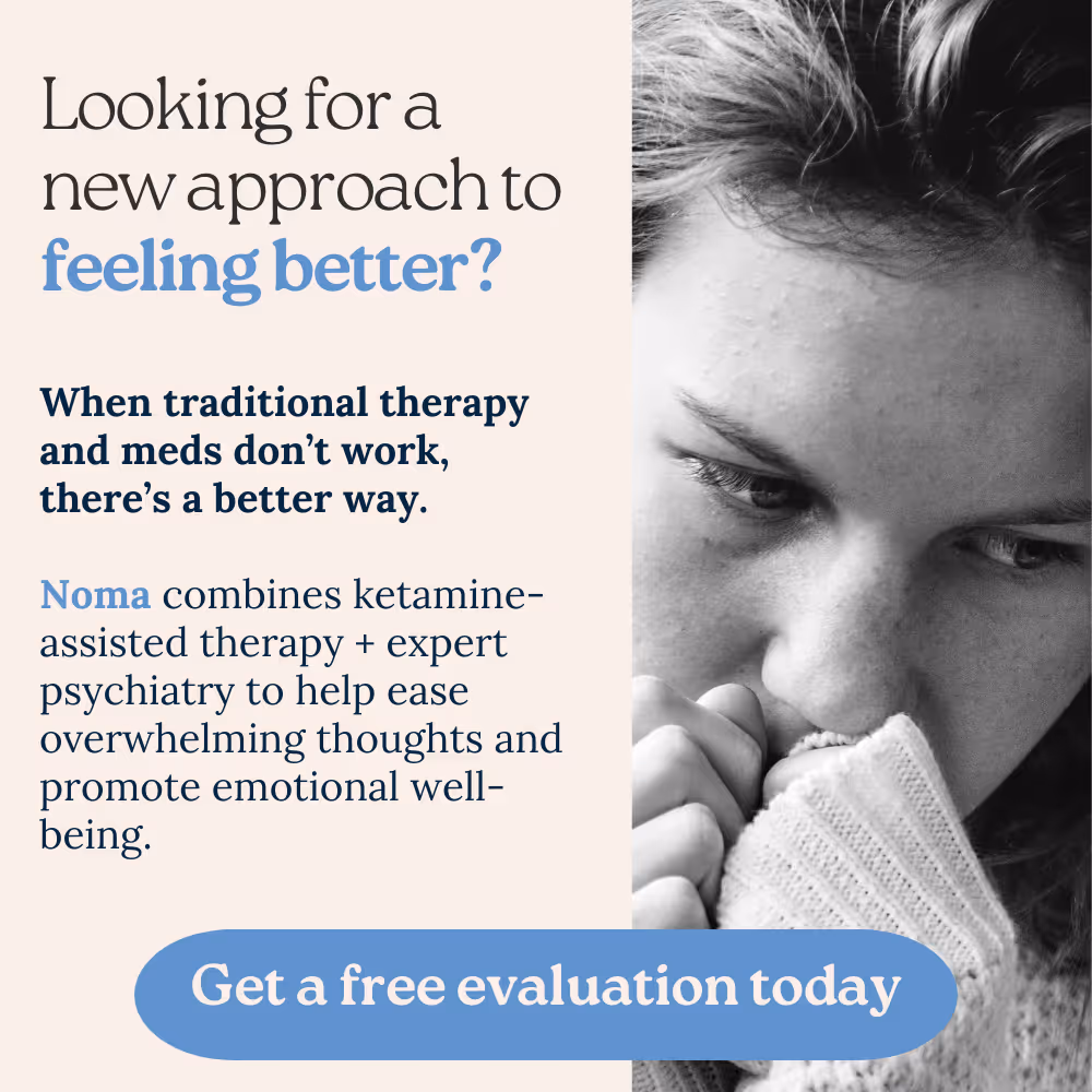 Black-and-white close-up of a woman with a contemplative expression, holding a sweater near her mouth, alongside text promoting Noma ketamine-assisted therapy for emotional well-being.