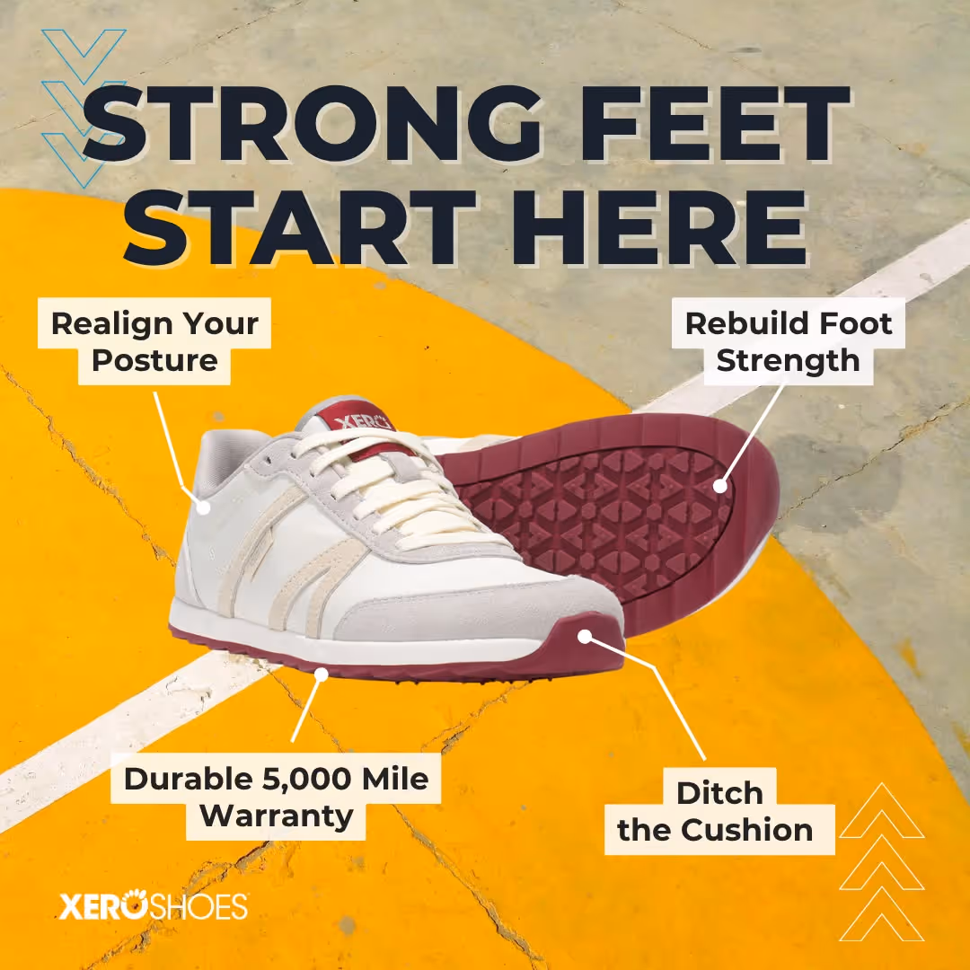 Pair of white and maroon Xero minimalist shoes on a cracked yellow and gray concrete surface with text highlighting benefits like realigning posture, rebuilding foot strength, durable 5,000 mile warranty, and ditching the cushion.