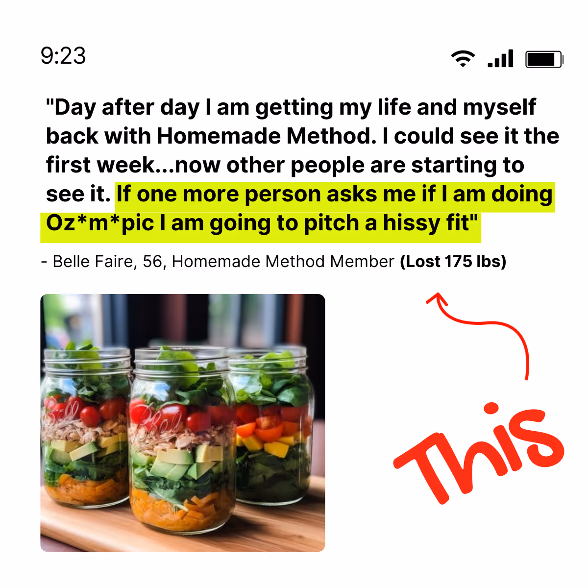 Testimonial quote praising Homemade Method for weight loss with an image of three mason jars filled with colorful layered salad ingredients.