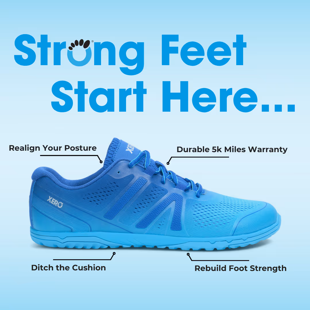 Blue Xero running shoe with features labeled: Realign Your Posture, Durable 5k Miles Warranty, Ditch the Cushion, and Rebuild Foot Strength, on a light blue background with text 'Strong Feet Start Here...'.