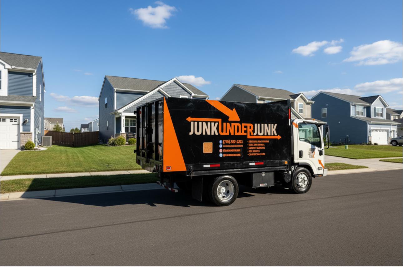 Black and white Junk Under Junk truck parked on a suburban street with houses and green lawns under a blue sky.