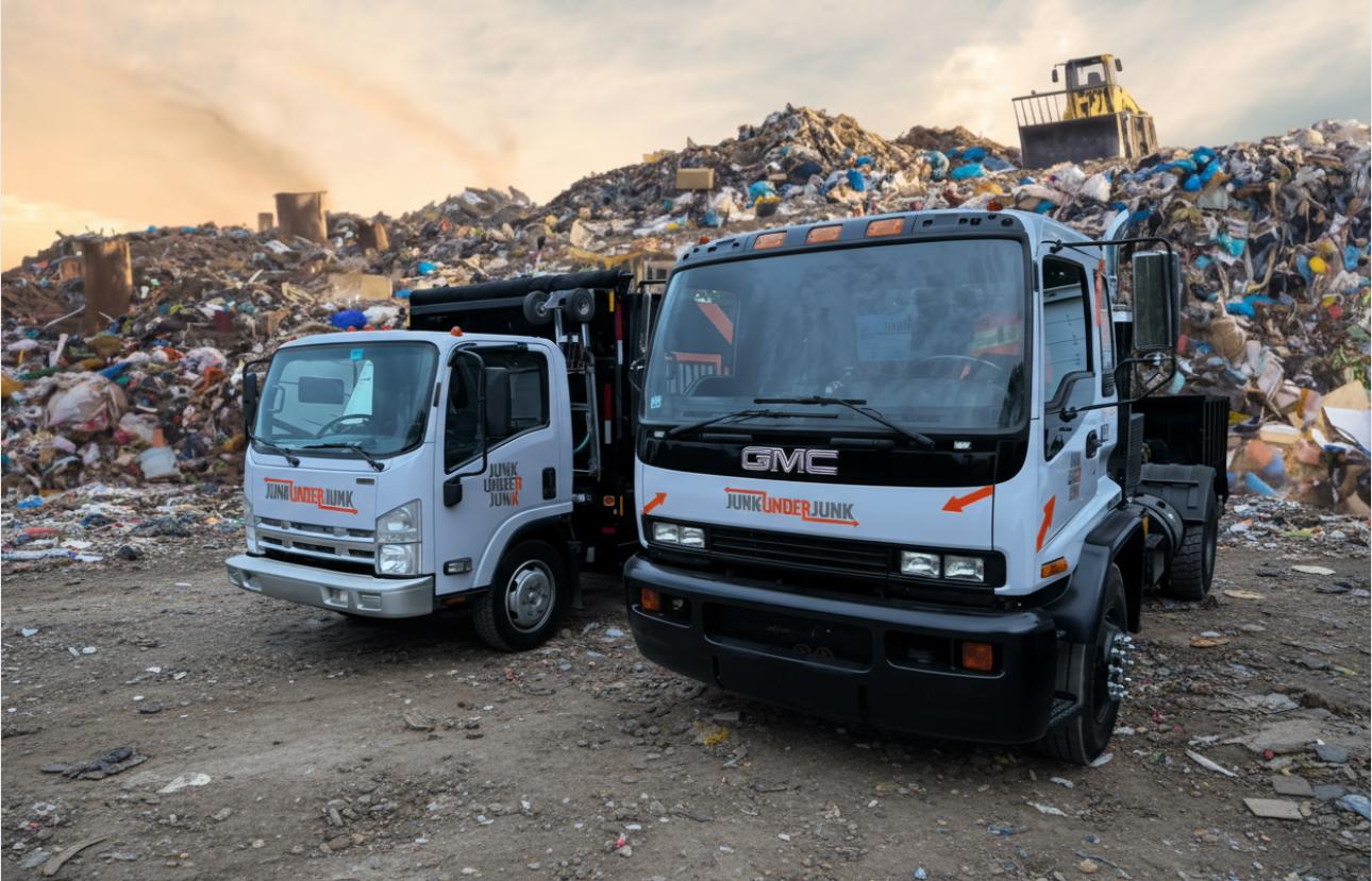 Two white junk removal trucks parked on a dirt ground in front of large piles of trash and debris at a landfill during sunset.